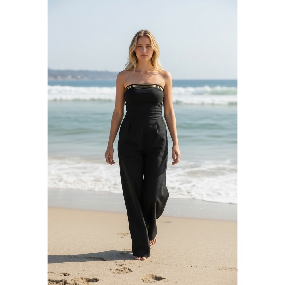 Hope Italy Black Strapless‎ Wide Leg Jumpsuit Gold Metallic Trim Tie Back Size M